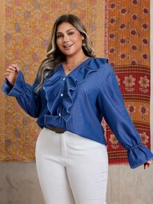 EMERY ROSE 大码休闲度假纯色水洗上衣 - 深色水洗藍 - 查看 6