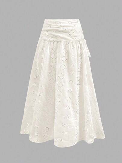 SHEIN MOD Women's Vintage Solid Color Hollow Embroidered Bowknot Skirt