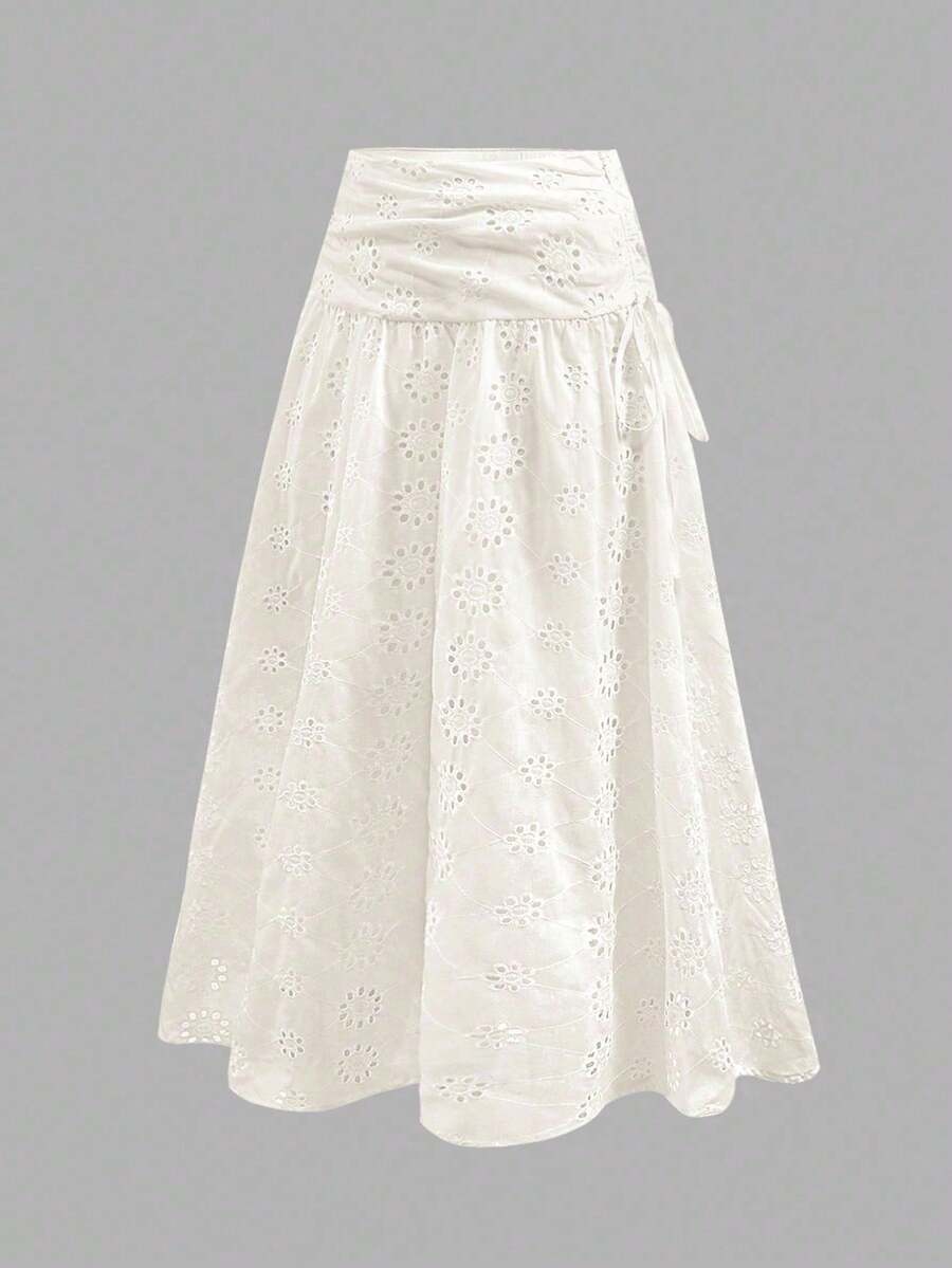 SHEIN MOD Saia vintage feminina de cor sólida com bordado vazado e laço - Bege - Ver 1