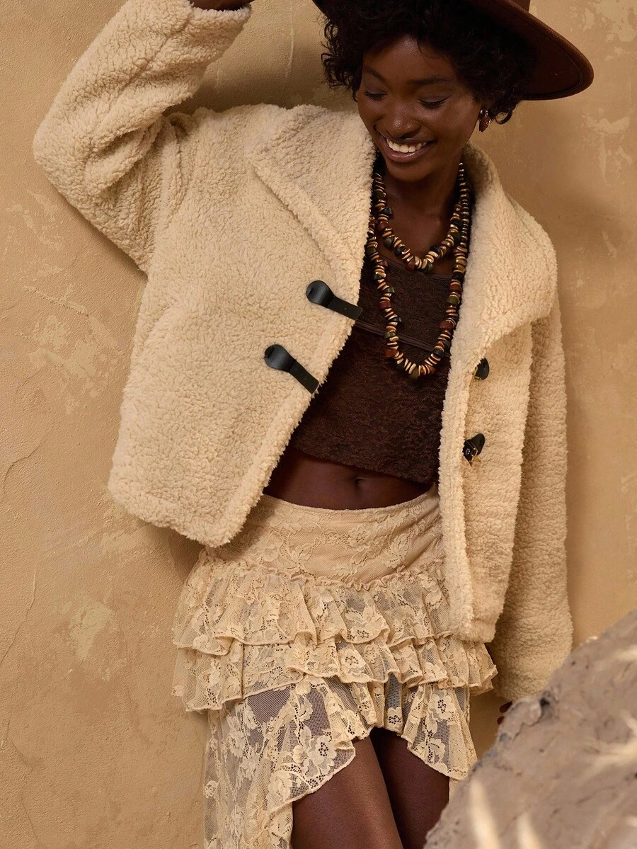 EURMUSE Sherpa Fleece Cropped Jacket With Wide Collar And Dual Black Toggle Closures, Soft And Stylish Warm Outerwear Beige - Beige - View 1