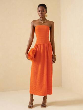 Vesra 女式夏季时尚通勤简约度假风格纯色飘逸下摆抹胸连衣裙