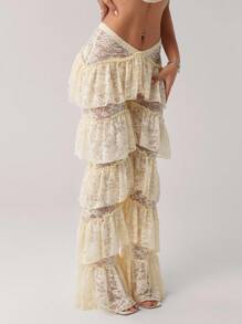 SHEIN ICON Y2k Women's V-Front Waistband Western Party Layered Ruffle Hem Lace Low Waist Long Pants - Beige - View 6