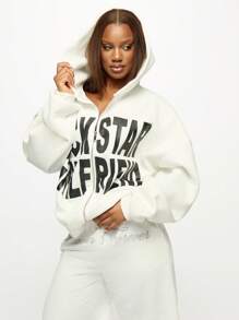 SUMWON WOMEN 摇滚明星女友款超大拉链连帽衫 Y2K 时尚街头潮流个性印花短款节日演唱会春秋季 - 白色 - 查看 5