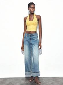 Maija Yellow Summer 70's Club Night Party Disco Rhinestone Decor Sleeveless Top,Women's U-Neck Open Shoulder Blouse For Music Festival,Christmas & Halloween - Yellow - View 3