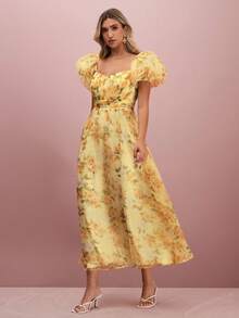 Enchnt Fall/Winter Romantic Women's Sunshine Yellow Floral Print Sweetheart Neck Puff Sleeve Princess Maxi Dress - Yellow - View 3