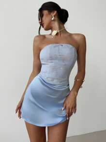 Firerie Delicate Romantic Elegant New Fashion Ethereal Fairy Style Music Festival Party Dance Vacation Mesh Floral Jacquard Ruffle Satin Mini Dress In Light Blue For Summer Ladies