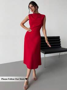 Firerie Đầm chữ A xếp nếp thanh lịch tối giản tinh tế lãng mạn ngọt ngào hàng ngày cho nữ đi làm đi chơi tiệc cưới lễ hội âm nhạc kỳ nghỉ áo yếm đỏ - Màu Đỏ Sâu - Xem 4