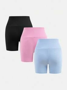 SHEIN Girlism 3件套青少年女童休闲纯色舒适高腰短裤 - 彩色 - 查看 2