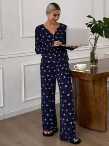 DAZY Bow Allover Print Women Pajama Set, Fall Winter Clothes - Navy Blue - View 6