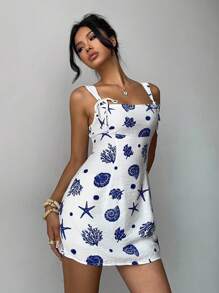 Aloruh Women's Summer Elegant Daily Fashion Simple Casual Commuting Music Festival Concert Y2K Ocean Element Print Cute Dress Island Beach Vacation White Blue Print Dress Young Girl Short Dress Allover Print Mini Casual Dress, Vacation Style