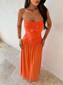 Aloruh Vestido de verano elegante sin tirantes de parches de lentejuelas naranja - Naranja - Ver 6