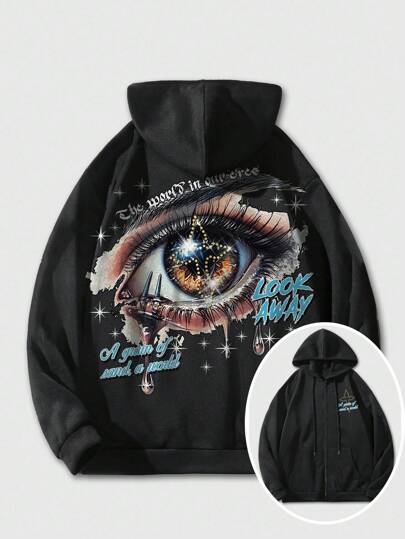 Grunge Punk Men's Black Zip-Up Hoodie With Eye Graphic Print Design