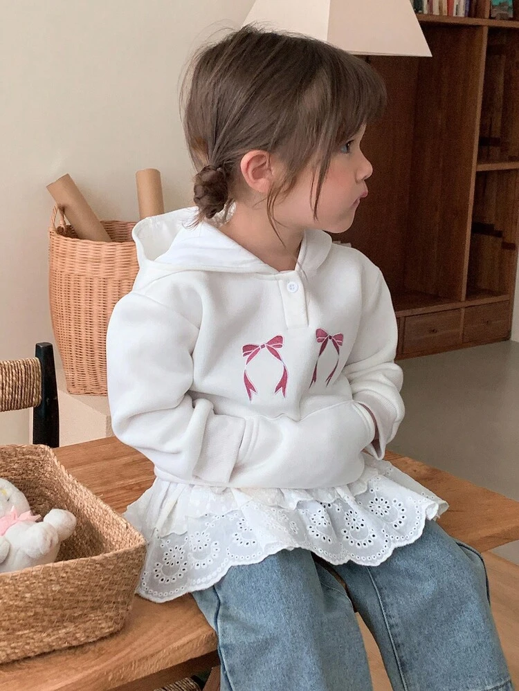 Baby Girl Korean Style Hooded Sweatshirt With Bow Embroidery, Long Sleeve, Spring/Autumn