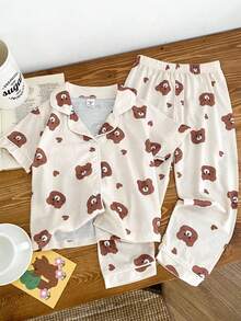 儿童女童小熊印花polo领短袖上衣+长裤睡衣秋季休闲套装 - 杏色 - 查看 1