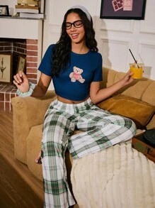 Miss Vinta Cartoon Bear Print Retro Plaid Print Women Pajama Set, Christmas - Multicolor - View 4