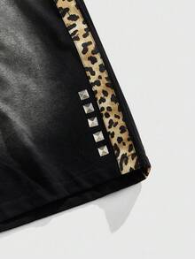 ROMWE MEN Street Life 男士豹纹拼接抽绳腰袋休闲短裤 - 黑色 - 查看 3