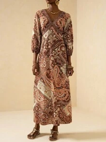 Vesra Đầm xòe tay loe cổ chữ V họa tiết Bohemian thanh lịch dành cho nữ - Nhiều màu - Xem 3