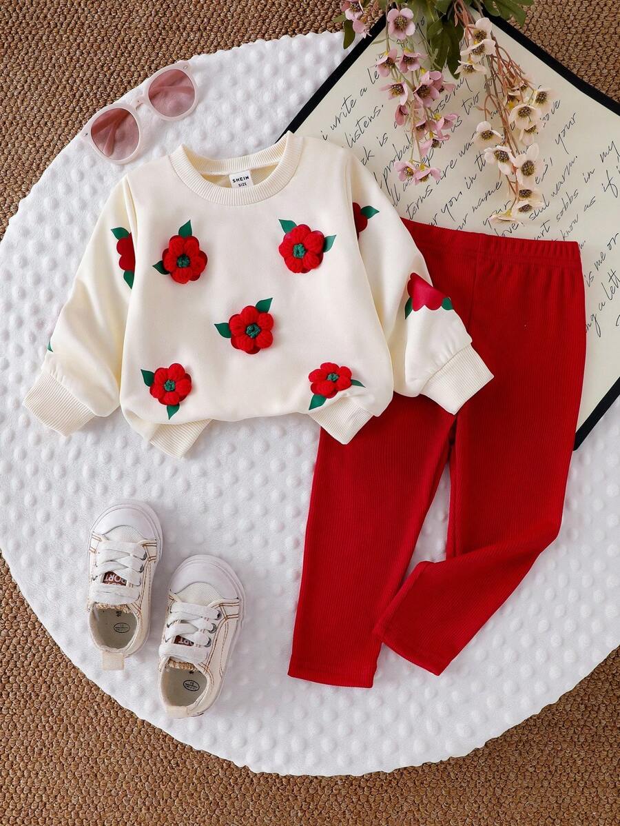 SHEIN Playful Pals Baby Girls Casual Cute Sweatshirt Set, 3D Crochet Floral Print Pullover Top And Knitted Leggings, Autumn Outfit Flower Two Piece Set Toddler Baby Girl Sweaters Set 2pcs Set Toddler Girls Cute Vintage Style Toddler Girl Clothes Baby Girl Red Pants Fall Winter - Hot Pink - View 1