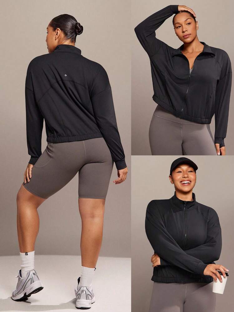FeatherFit™ Plus Size Take A Stand Sweat-Wicking Quick-Dry Zip Collar Thumbholes Hidden Pockets Long-Sleeve Sports Jacket Daily Casual