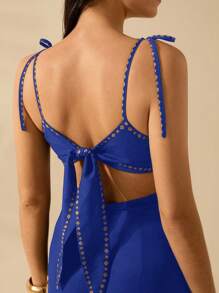 CAJUNI 女式波西米亚风香蕉树印花镂空腰后绑带无袖黑色连衣裙，假日休闲夏装 - 寶藍色 - 查看 4