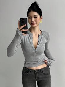 DAZY 女式半拉链长袖紧身T恤，秋季女装 - 灰色 - 查看 8