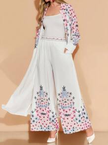 Amorya Women's Long Shacket, White & Pink Textured Fabric, Long Sleeve, Wide Leg Pants, Loose & Elegant Daily Wear, Spring/Summer, Autumn 2-Piece Set Teacher Outfits For Women