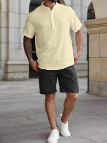 Manfinity Homme Plus Size Men's Solid Color Short Sleeve Button-Up Casual Loose Shirt - Apricot - View 5