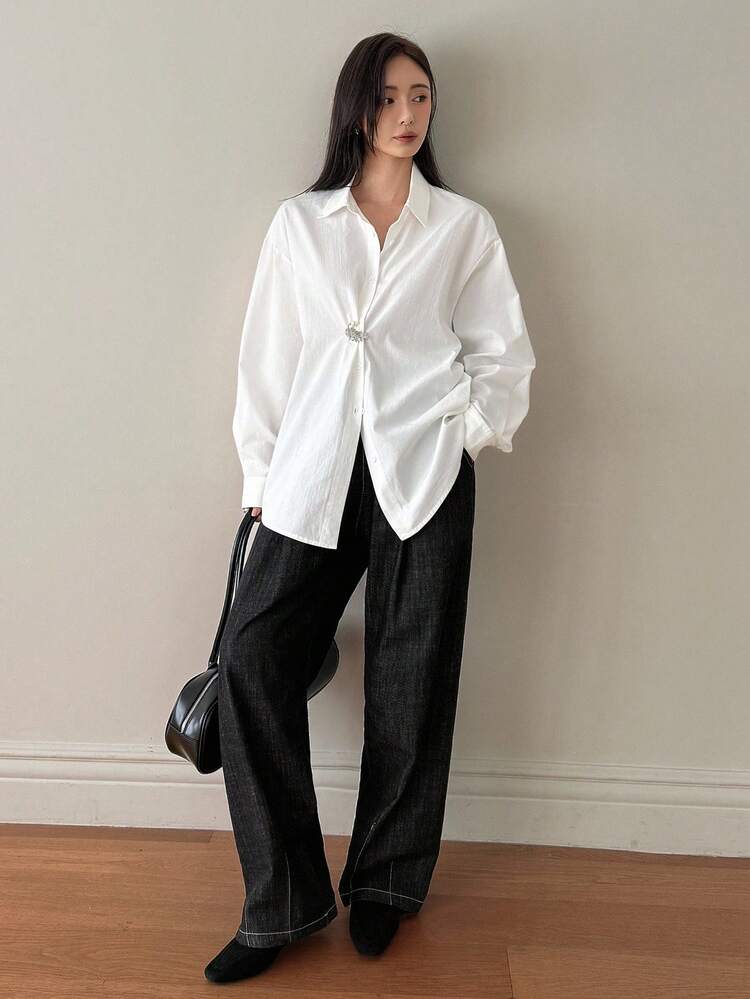 Loose Business Casual Office Work Wear Women Long Sleeve Shirt With Metal Rhinestone Decor, Autumn/Winter