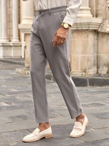 Manfinity VCAY Men's Casual Woven Striped Mid-Rise Tapered Suit Pants - Grey - View 4