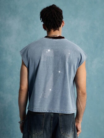 Street Life Men's Summer Casual Rhinestone Embellished Digit Denim Shirt