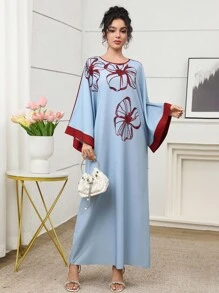 Al Najma 女式宽松撞色镶边圆领土耳其长裙，传统阿拉伯风格 - 藍色 - 查看 4