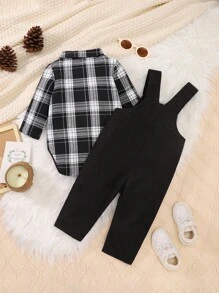 SHEIN Vintaside Kids 秋冬格子灯芯绒连体衣婴儿套装 - 黑色 - 查看 2