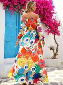 Vivid Eden Women's Resort Style Floral Print Off-Shoulder Long Sleeve Maxi Dress,Vacation Outfits,Rave Outfit,Brunch Outfits For Women,Fall Women Clothes , Airport Outfit Women,Boho Women Clothing