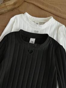 SHEIN LMoss Kids LMoss 2件套新生女宝宝可爱针织镂空爱心图案长袖连体衣套装，适合秋冬季节穿着。长袖连体衣，女宝宝连体衣，女宝宝服装，长袖罗纹连体衣，秋季款。 - 彩色 - 查看 4