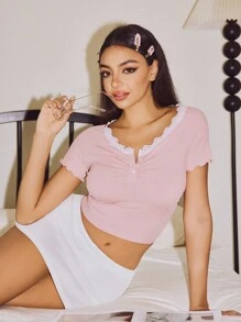 Lowkey Lull 女士撞色蕾丝边短袖休闲夏季睡衣上衣 - 卡其色 - 查看 4