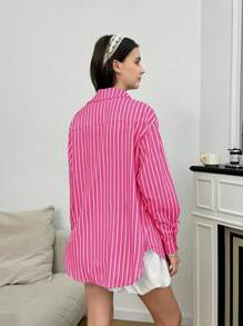 INAWLY 女士休闲条纹长袖衬衫，春秋 - 粉色 - 查看 2