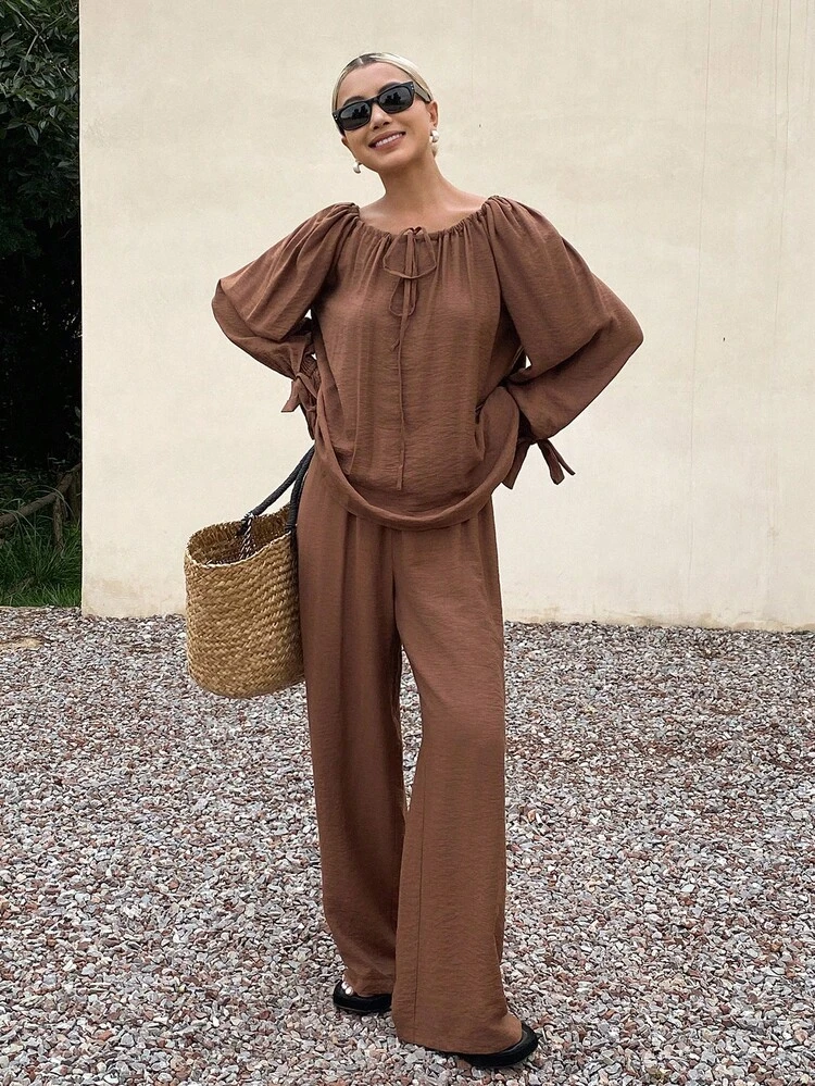 2pcs/Set Women Casual Loose Brown Front Tie Long Sleeve Pleated Shirt And Pants Set, Autumn/Winter Lounge Sets For Women