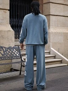 Manfinity EMRG 2pcs/Set Men's Blue White Stripe,Autumn,Streetwear,City Break,Back-To-School Hip Hop Sweatshirt&Sweatpants,Loose Fit Wide Leg Pants,Distressed Print - Blue - View 8