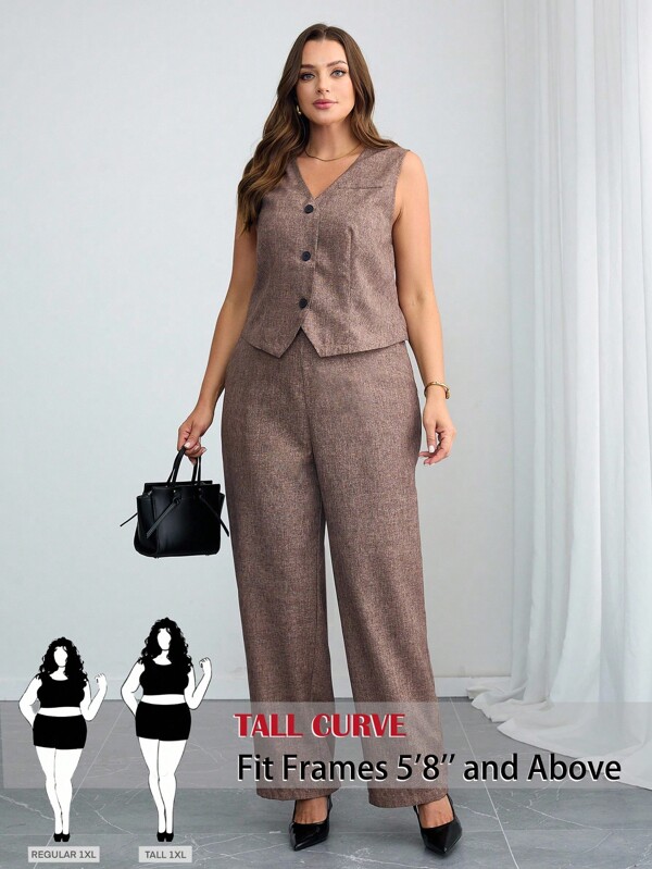 SHEIN Tall CURVE Completo casual da donna taglie forti con blusa semplice con bottoni davanti e pantaloni con tasche