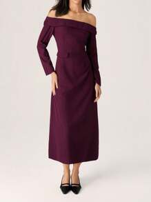 Modelyn Women's Burgundy Elegant Off Shoulder Long Sleeve Ruffle Mid-Length Dress,Autumn Dining Party Wear,Solid Color Knitted Strappy Shirt Dresses For Mom - Brown - View 4