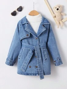 Genkimix Kids Young Girl Turn-Down Collar Denim Jacket With Waist Drawstring