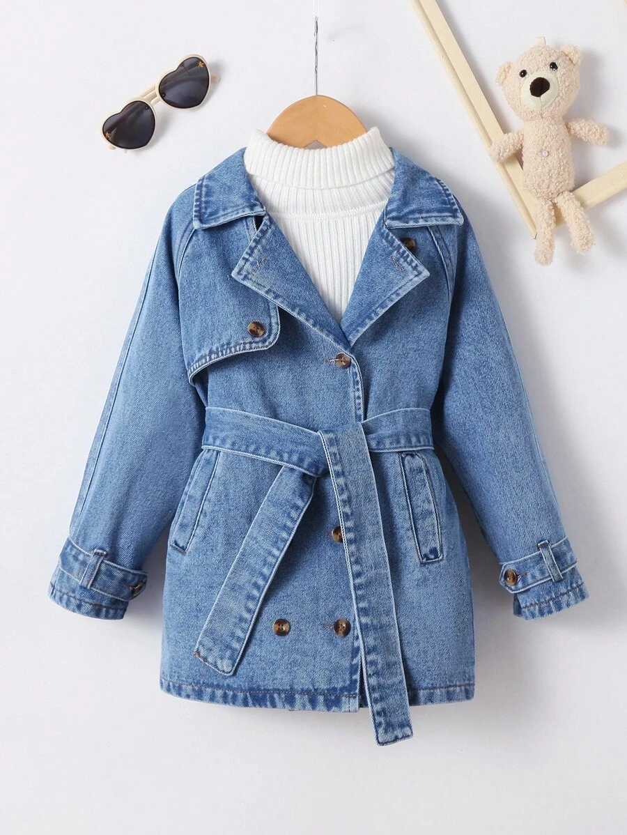 Genkimix Kids Young Girl Turn-Down Collar Denim Jacket With Waist Drawstring