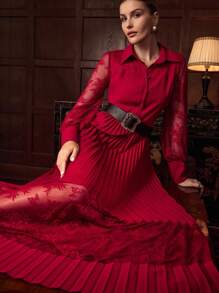 ZEYLAH Lace Splice Long Dress Shirt Style, Autumn/Winter - Red - View 1