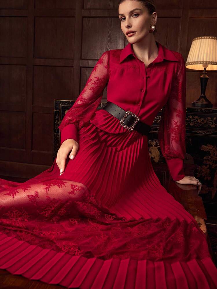 ZEYLAH Lace Splice Long Dress Shirt Style, Autumn/Winter