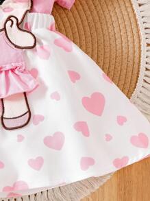 SHEIN Vintaside Kids 女婴红色可爱小熊连体衣配吊带裙 - 粉色 - 查看 4