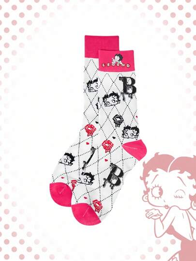 Betty Boop | ROMWE 1 Pair Romantic Heart & Lip Letter Graphic Stylish Crew Socks For Women
