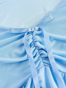 SHEIN MOD 大码女式网纱蝴蝶结短袖荷叶边上衣 - 藍色 - 查看 3