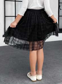 SHEIN Young Girl Elegant High Waist Plaid Mesh Midi Skirt With Lining, Perfect For Vacation - Black - View 9