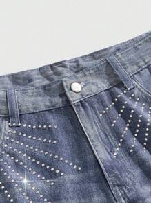 ROMWE MEN Street Life Men's Rhinestone Embellished Flame Pattern Cargo Denim Shorts