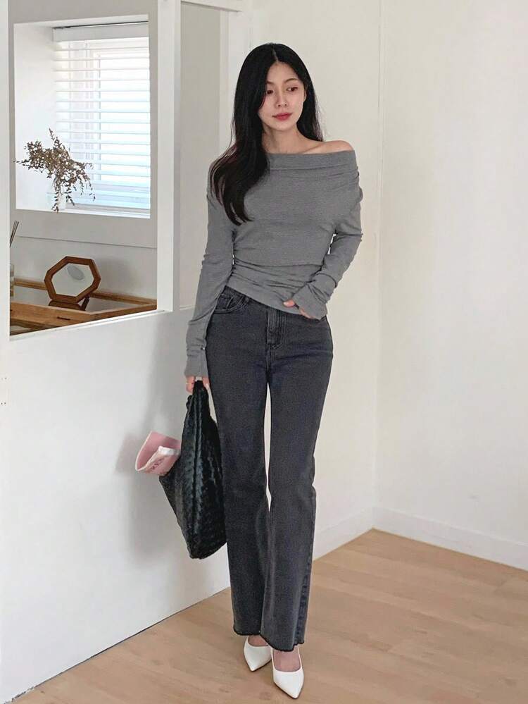 Women's Casual Solid Color Oblique Shoulder Long Sleeve Fitted T-Shirt,Fall Women Clothes